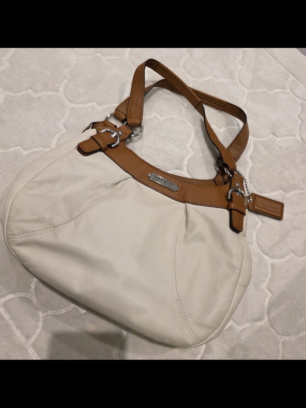 Coach Cream Leather Shoulder Bag with Tan Trim